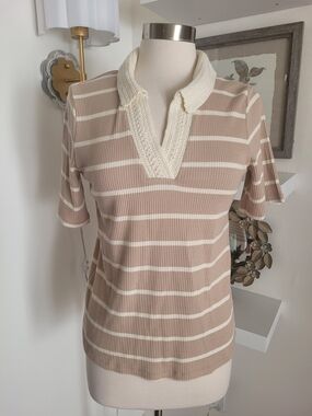Talbots Beige and Cream Striped Knit Polo Top